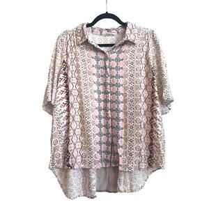 Jane and Delaney Pink and Orange Boho Mixed Print Collar Button Down Top